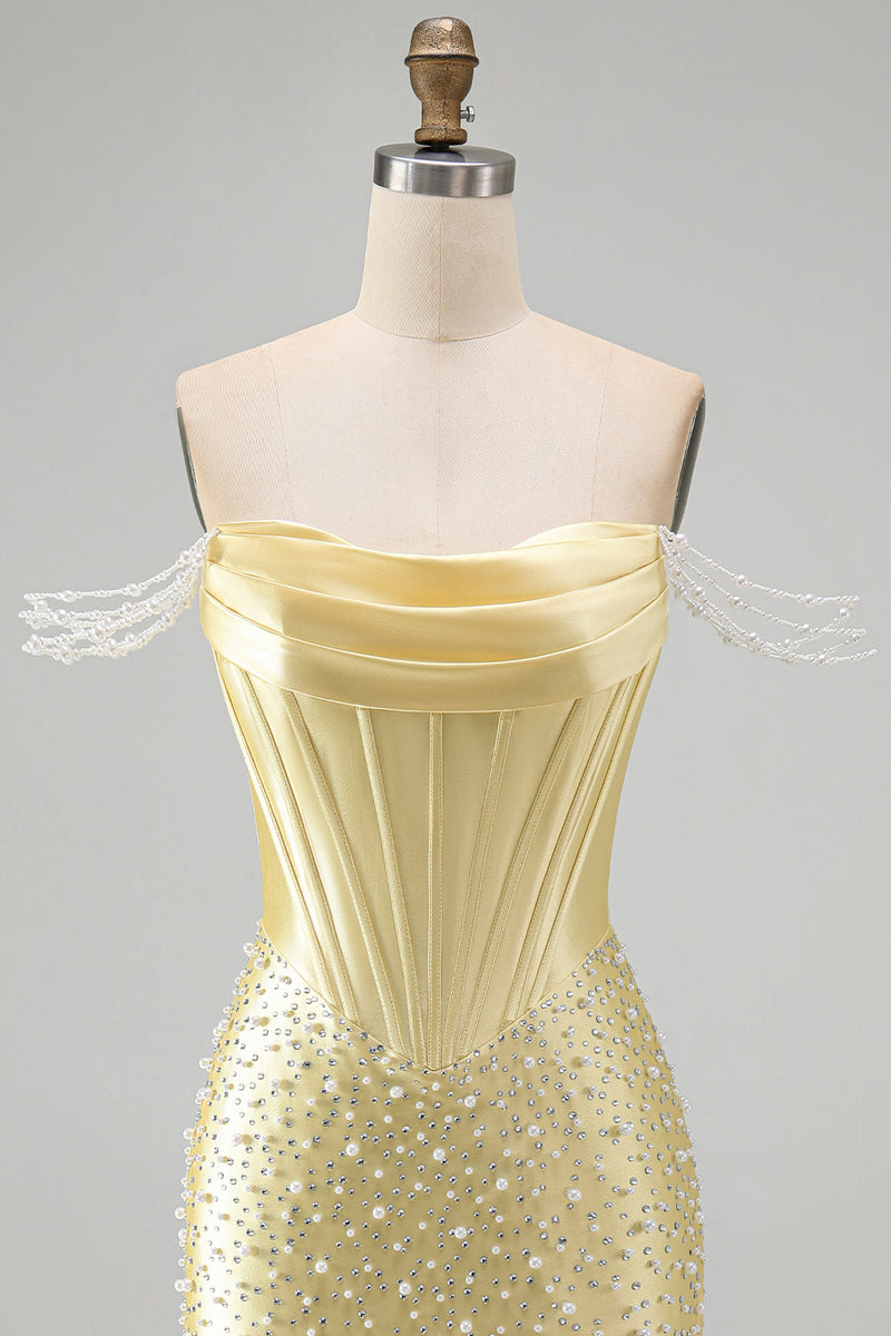 Load image into Gallery viewer, Sparkly Yellow Tight Short Corset Homecoming Dress with Pearls