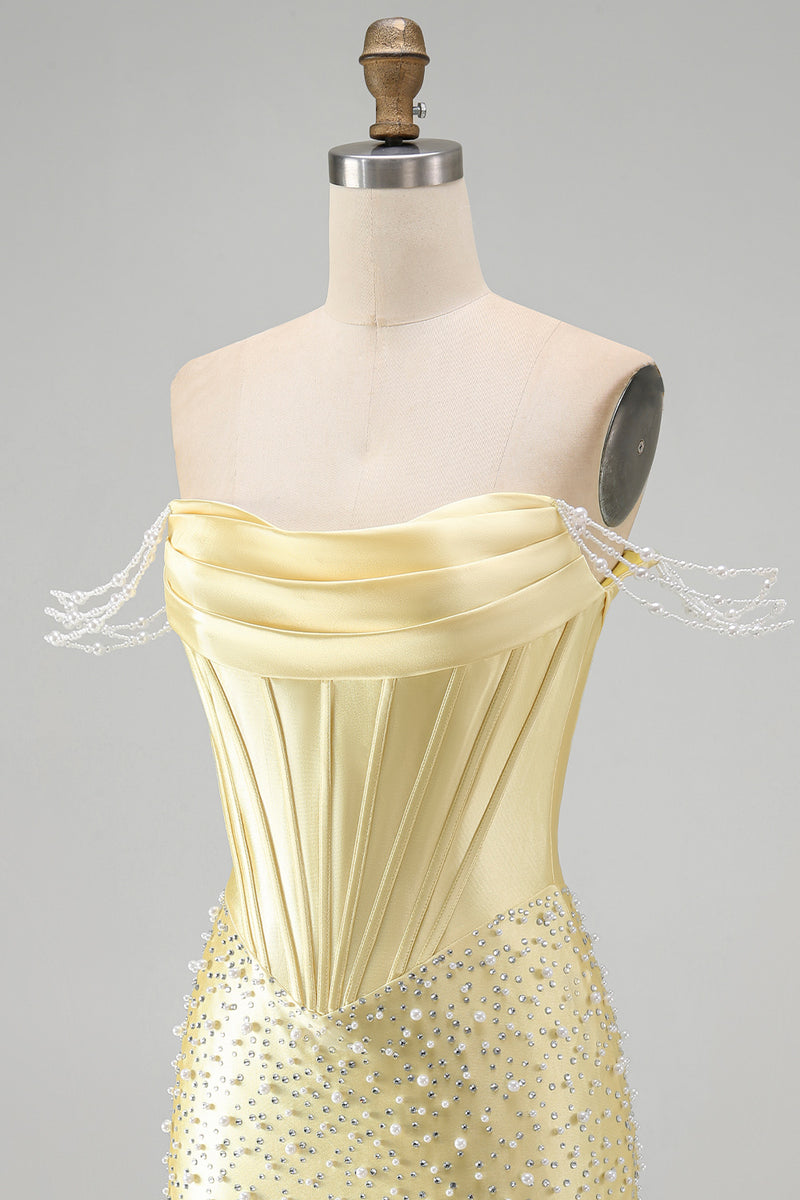 Load image into Gallery viewer, Sparkly Yellow Tight Short Corset Homecoming Dress with Pearls