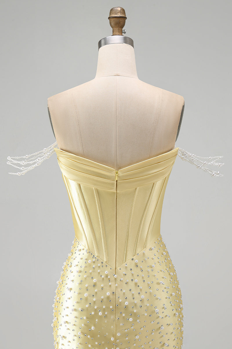 Load image into Gallery viewer, Sparkly Yellow Tight Short Corset Homecoming Dress with Pearls