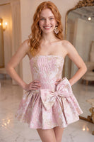Load image into Gallery viewer, Floral Fuchsia A Line Short Strapless Homecoming Dress with Bow