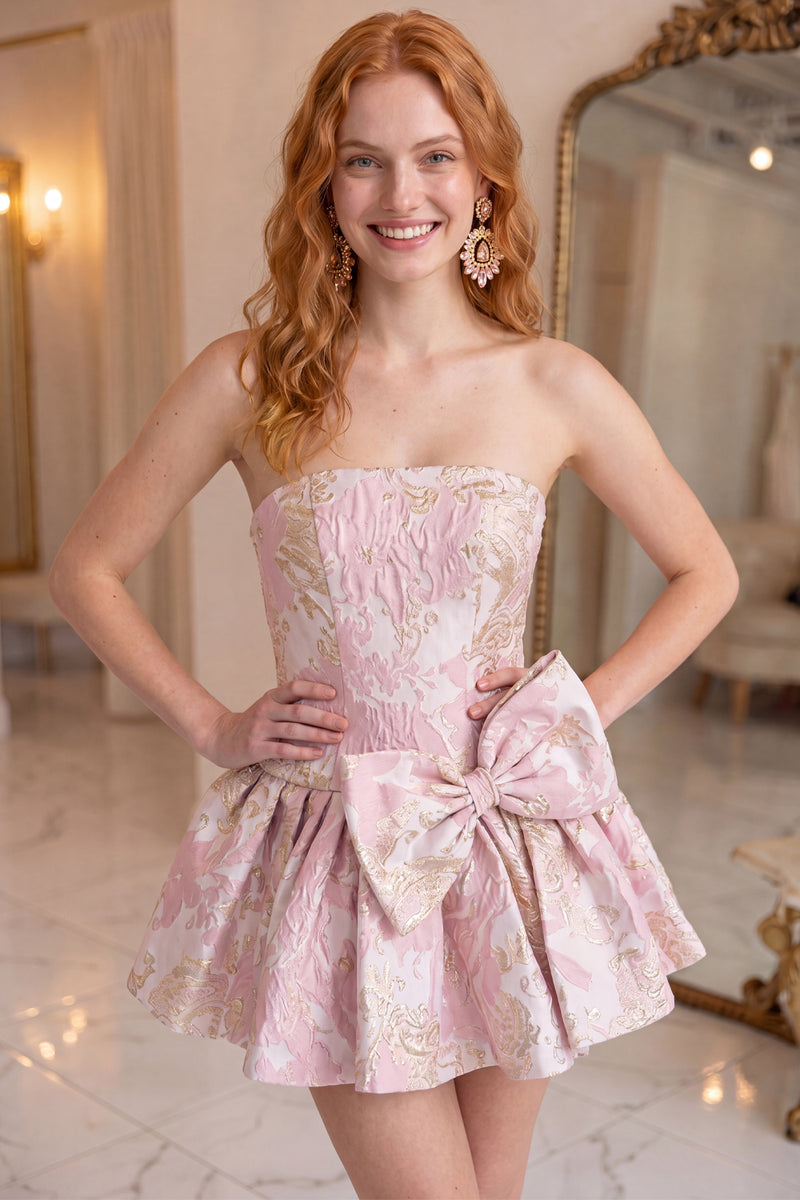 Load image into Gallery viewer, Floral Fuchsia A Line Short Strapless Homecoming Dress with Bow