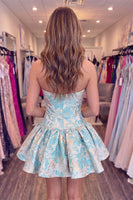 Load image into Gallery viewer, Floral Turquoise A Line Short Strapless Homecoming Dress with Bow