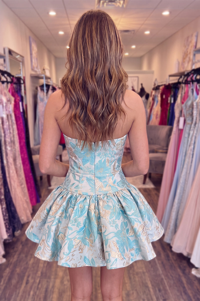 Load image into Gallery viewer, Floral Turquoise A Line Short Strapless Homecoming Dress with Bow