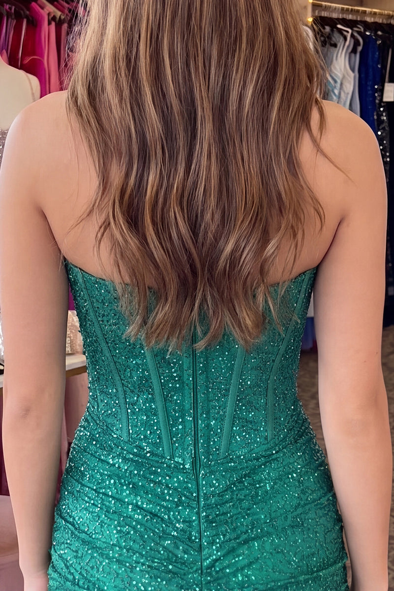 Load image into Gallery viewer, Sparkly Emerald Green Strapless Tight Short Corset Homecoming Dress