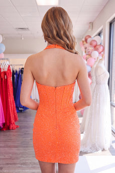 Sparkly Orange Halter Short Corset Tight Homecoming Dress