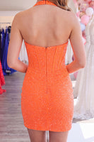 Load image into Gallery viewer, Sparkly Orange Halter Short Corset Tight Homecoming Dress