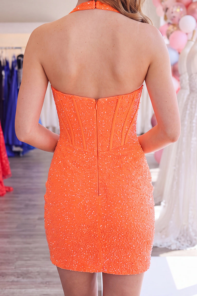 Load image into Gallery viewer, Sparkly Orange Halter Short Corset Tight Homecoming Dress
