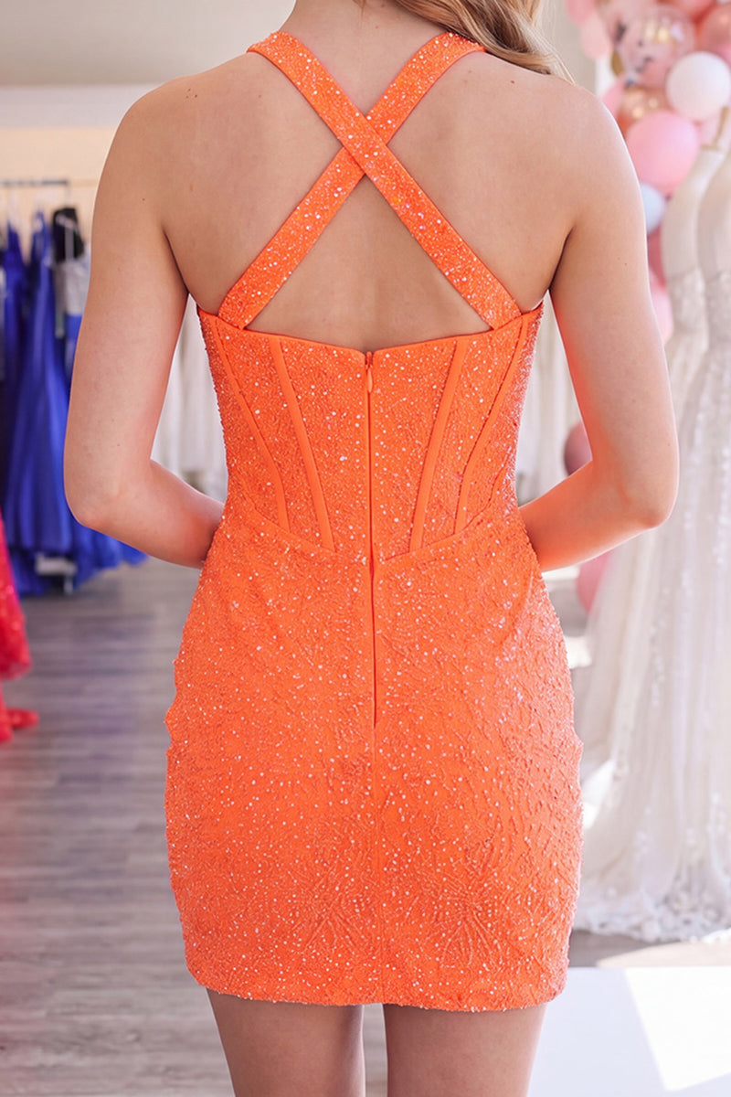 Load image into Gallery viewer, Sparkly Orange Halter Short Corset Tight Homecoming Dress