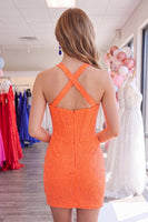 Load image into Gallery viewer, Sparkly Orange Halter Short Corset Tight Homecoming Dress