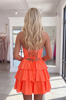 Load image into Gallery viewer, Sparkly Orange Tiered Keyhole Short Homecoming Dress with Ruffles