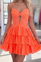 Load image into Gallery viewer, Sparkly Orange Tiered Keyhole Short Homecoming Dress with Ruffles