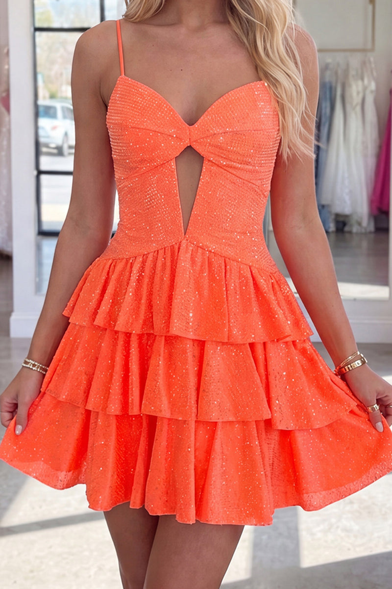 Load image into Gallery viewer, Sparkly Orange Tiered Keyhole Short Homecoming Dress with Ruffles