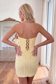 Sparkly Yellow Tight Short Corset Homecoming Dress with Pearls