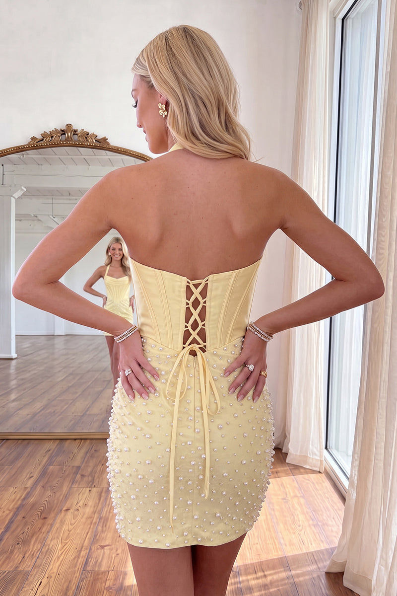 Load image into Gallery viewer, Sparkly Yellow Tight Short Corset Homecoming Dress with Pearls