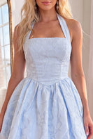 Load image into Gallery viewer, Floral Blue Halter A Line Short Homecoming Dress