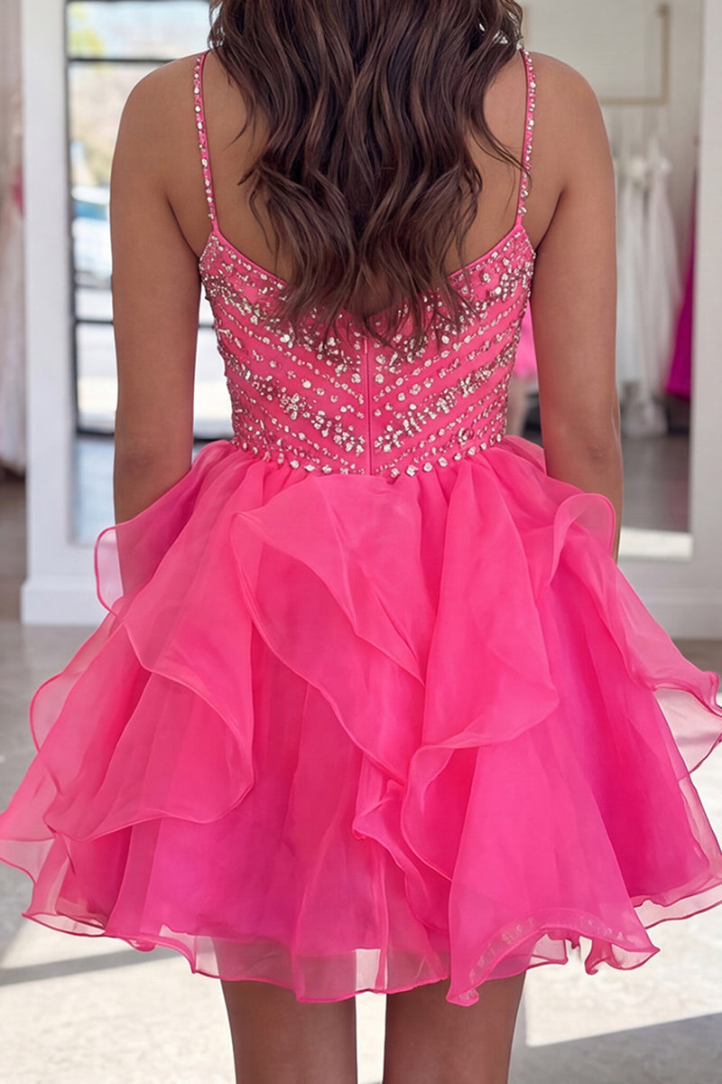 Load image into Gallery viewer, Sparkly Hot Pink Beaded A Line Short Homecoming Dress