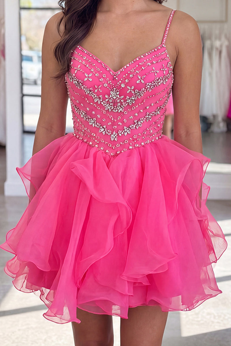 Load image into Gallery viewer, Sparkly Hot Pink Beaded A Line Short Homecoming Dress