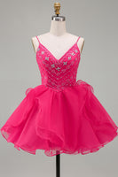 Load image into Gallery viewer, Sparkly Hot Pink Beaded A Line Short Homecoming Dress