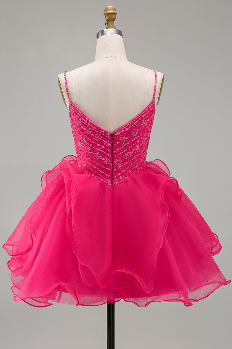 Load image into Gallery viewer, Sparkly Hot Pink Beaded A Line Short Homecoming Dress