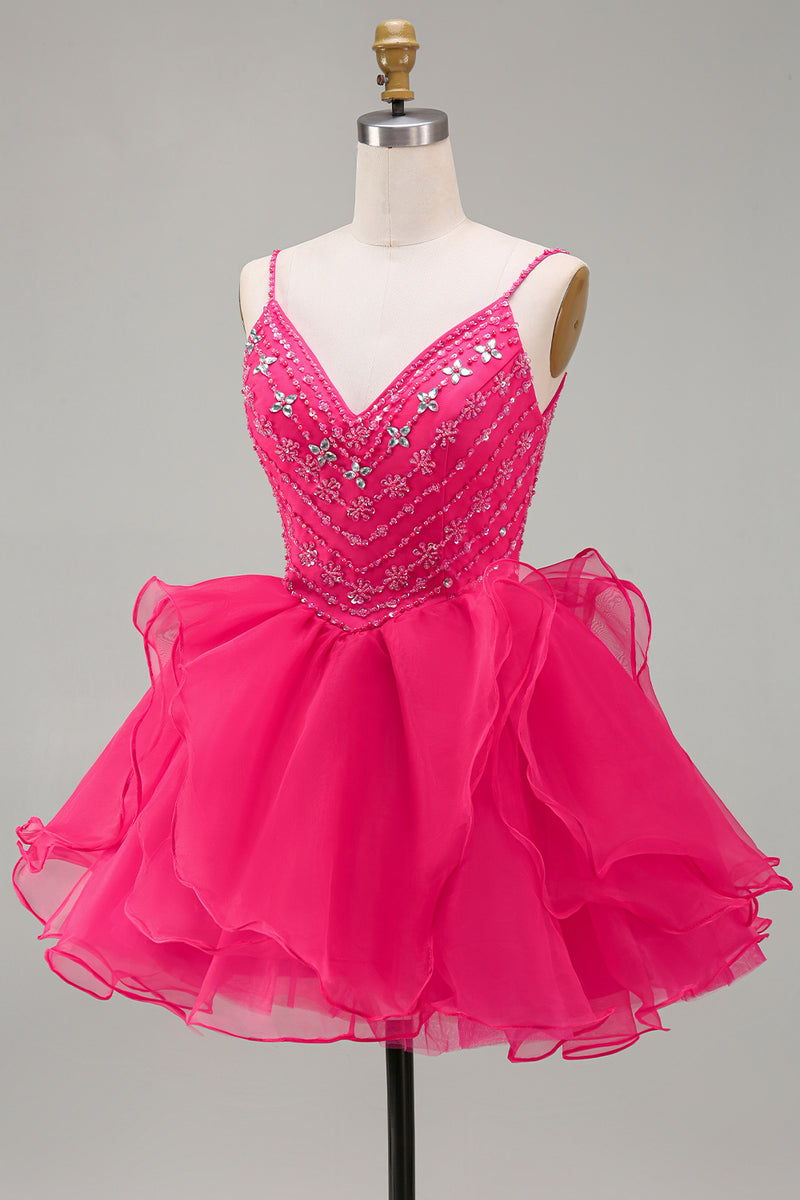 Load image into Gallery viewer, Sparkly Hot Pink Beaded A Line Short Homecoming Dress
