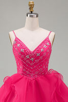 Load image into Gallery viewer, Sparkly Hot Pink Beaded A Line Short Homecoming Dress