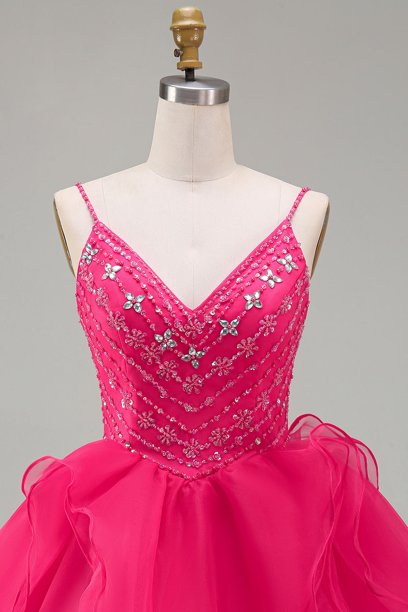 Load image into Gallery viewer, Sparkly Hot Pink Beaded A Line Short Homecoming Dress