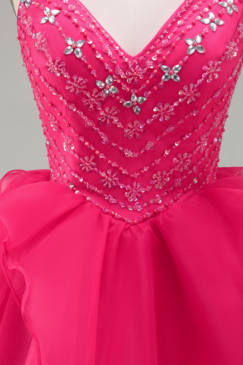 Load image into Gallery viewer, Sparkly Hot Pink Beaded A Line Short Homecoming Dress