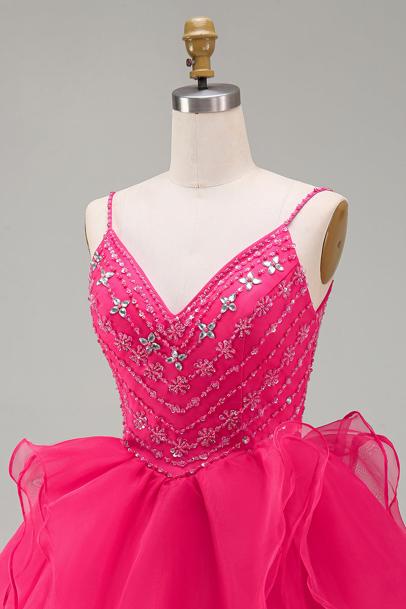 Load image into Gallery viewer, Sparkly Hot Pink Beaded A Line Short Homecoming Dress