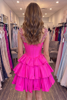 Fuchsia Corset A Line Beaded Short Homecoming Dress with Ruffles