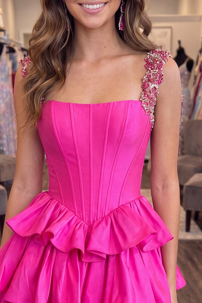 Load image into Gallery viewer, Fuchsia Corset A Line Beaded Short Homecoming Dress with Ruffles