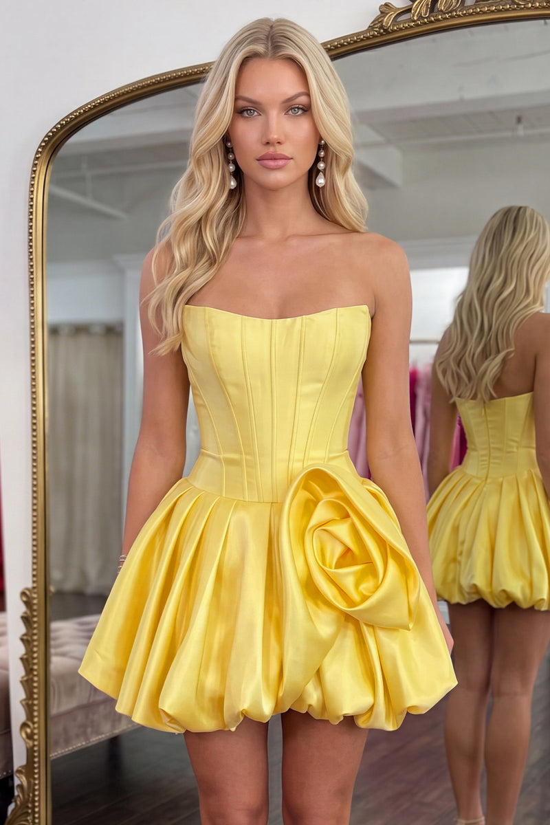 Load image into Gallery viewer, Butter Yellow Short Corset A Line Strapless Homecoming Dress with 3D Flower