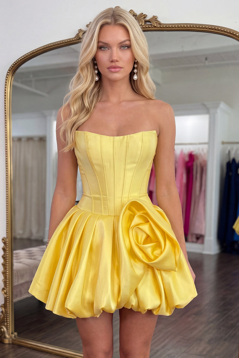 Load image into Gallery viewer, Butter Yellow Short Corset A Line Strapless Homecoming Dress with 3D Flower