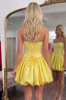Load image into Gallery viewer, Butter Yellow Short Corset A Line Strapless Homecoming Dress with 3D Flower