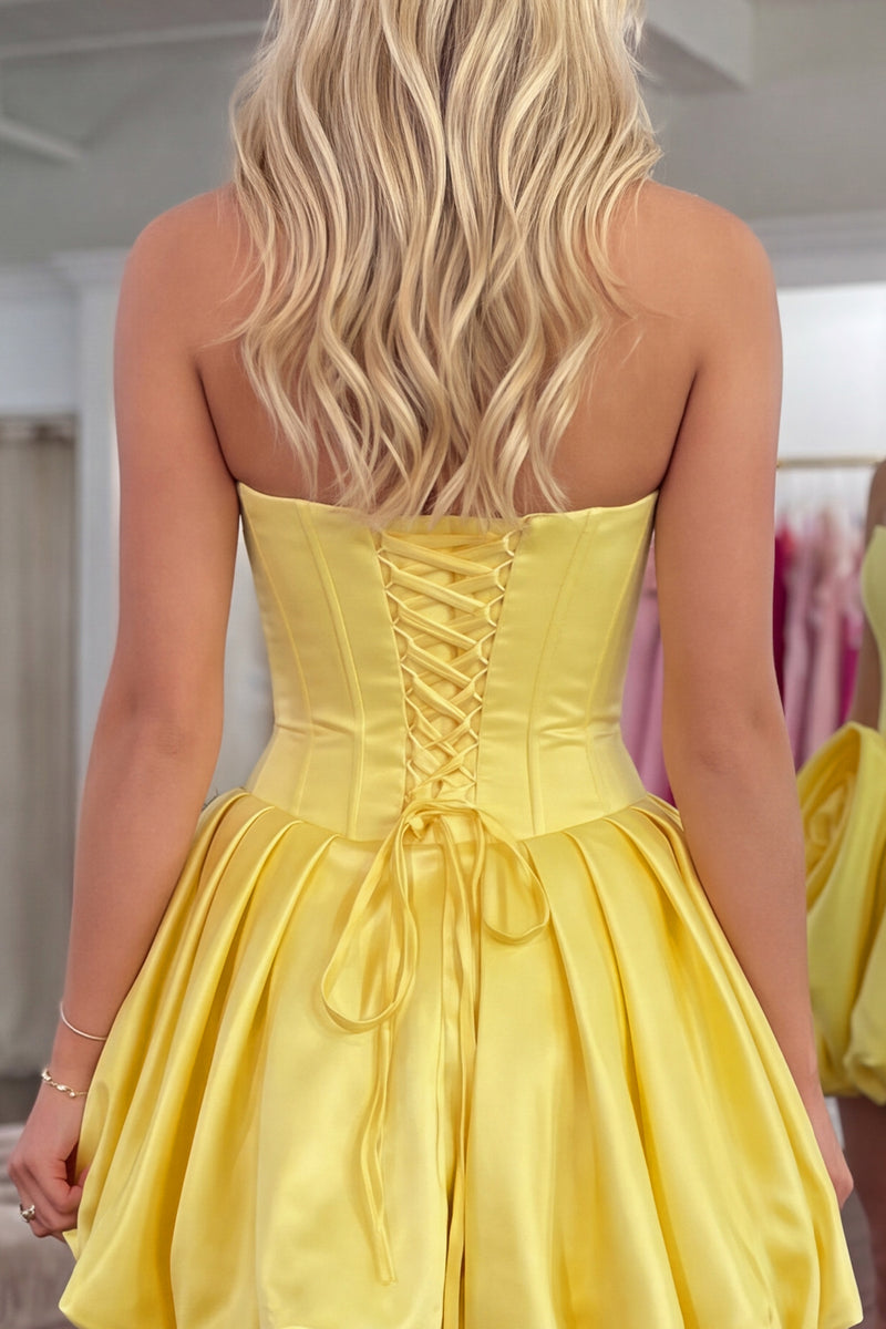 Load image into Gallery viewer, Butter Yellow Short Corset A Line Strapless Homecoming Dress with 3D Flower