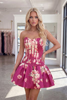 Load image into Gallery viewer, Yellow Floral Short Corset A Line Strapless Homecoming Dress