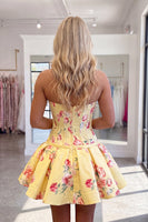 Load image into Gallery viewer, Yellow Floral Short Corset A Line Strapless Homecoming Dress