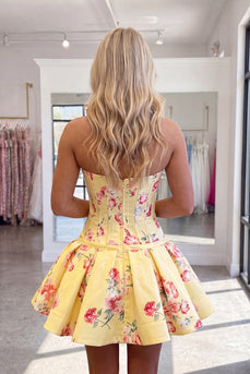 Yellow Floral Short Corset A Line Strapless Homecoming Dress