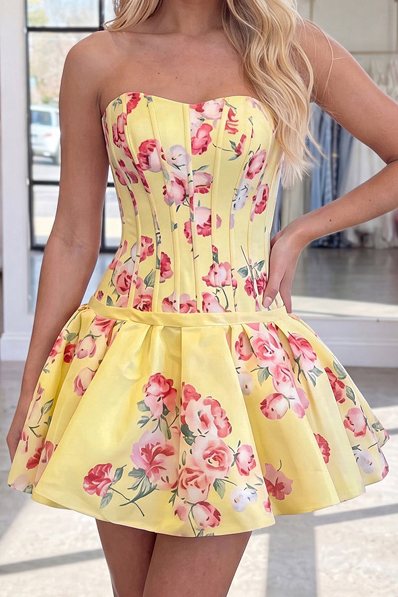 Load image into Gallery viewer, Yellow Floral Short Corset A Line Strapless Homecoming Dress
