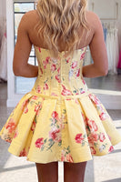 Load image into Gallery viewer, Yellow Floral Short Corset A Line Strapless Homecoming Dress