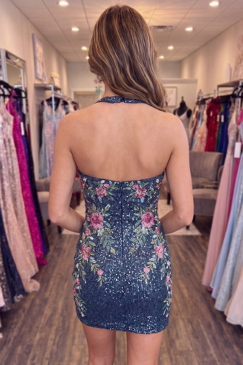 Load image into Gallery viewer, Sparkly Dark Blue Tight Short Halter Floral Beaded Homecoming Dress
