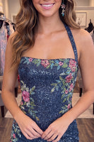 Load image into Gallery viewer, Sparkly Dark Blue Tight Short Halter Floral Beaded Homecoming Dress