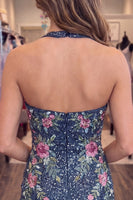 Load image into Gallery viewer, Sparkly Dark Blue Tight Short Halter Floral Beaded Homecoming Dress