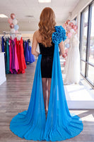 Load image into Gallery viewer, Black and Blue Tight Short Strapless Homecoming Dress with Cape