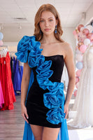 Load image into Gallery viewer, Black and Blue Tight Short Strapless Homecoming Dress with Cape