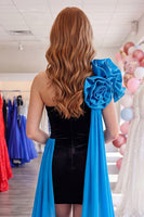 Load image into Gallery viewer, Black and Blue Tight Short Strapless Homecoming Dress with Cape