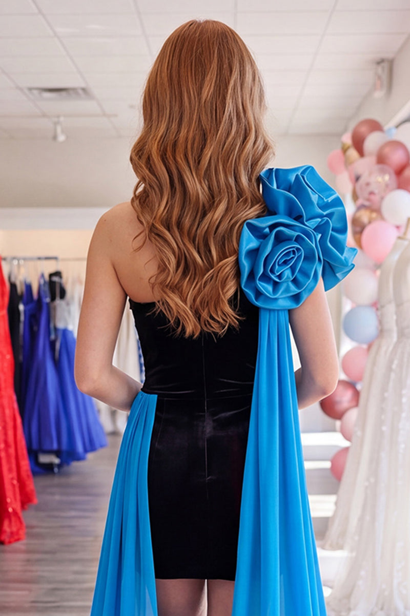 Load image into Gallery viewer, Black and Blue Tight Short Strapless Homecoming Dress with Cape
