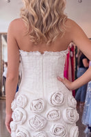 Load image into Gallery viewer, White Strapless Tight Short Homecoming Dress with 3D Flowers