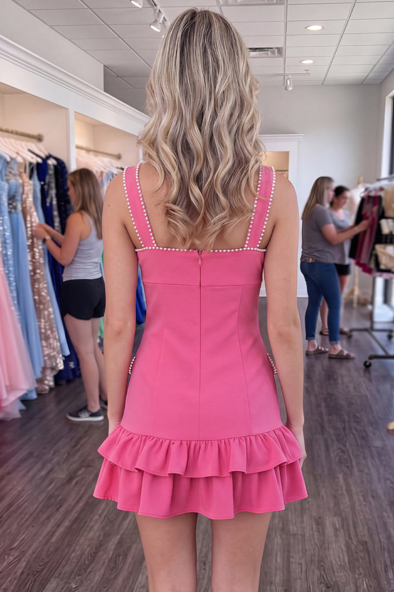 Load image into Gallery viewer, Fuchsia Thick Straps Tight Ruffled Short Homecoming Dress with Pearls