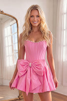 Load image into Gallery viewer, Pink Short Corset A Line Strapless Homecoming Dress with Pearls