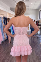 Load image into Gallery viewer, Pink Tight Short Ruffled Strapless Homecoming Dress with Pearls